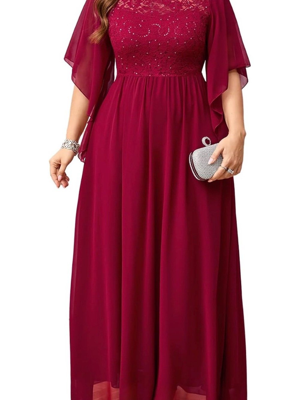 ZOMVA Plus-Size Burgundy Lace & Chiffon Evening Dress